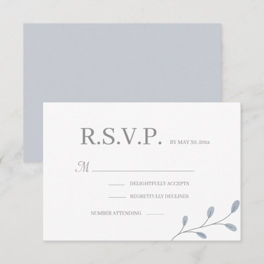 Dusty Blue Leaves Minimalist Wedding RSVP Kaart (Voorkant / Achterkant)