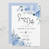 Dusty Blue Light Floral laat de datum op Kaart (Voorkant / Achterkant)