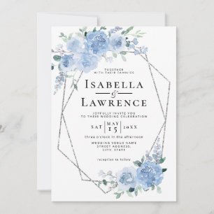 Dusty Blue Light Floral Silver Geometric Wedding Kaart