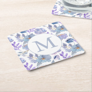Dusty Blue Lila Waterverf Floral Monogram Vierkante Kartonnen Onderzetter
