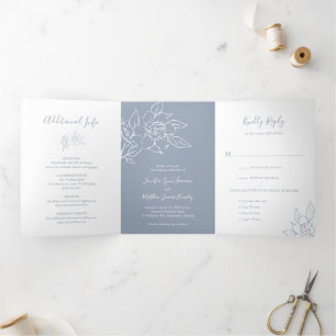 Dusty Blue Line Art Floral Elegant Huwelijk Drieluik Uitnodiging