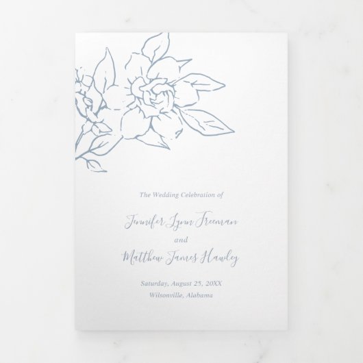 Dusty Blue Line Art Floral Elegant Huwelijk Drieluik Uitnodiging (Cover)