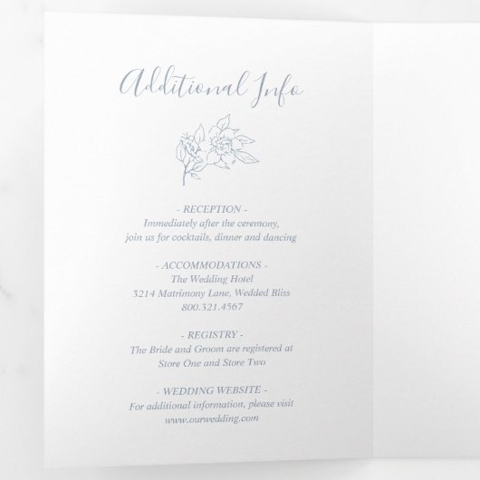 Dusty Blue Line Art Floral Elegant Huwelijk Drieluik Uitnodiging (Binnenzijde eerst)