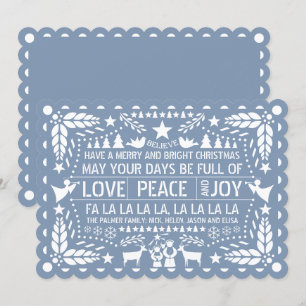 Dusty blue Love Peace Joy papel picado Kerstmis H Feestdagenkaart