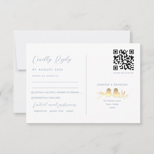 Dusty Blue Lovebirds QR RSVP Kaartje (Voorkant)