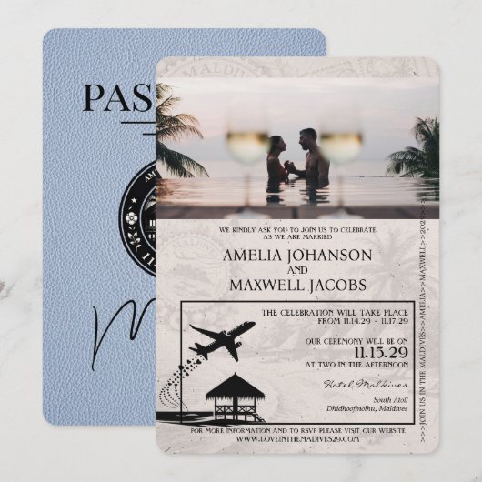 Dusty Blue Maldives Passport Wedding Invitation Kaart (Voorkant / Achterkant)