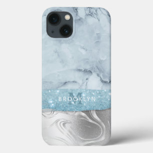 Dusty Blue Marble Glitter Silver Name Monogramed iPhone 13 Hoesje