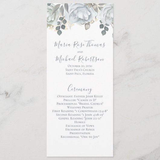 Dusty Blue Mariage Floral Script Programme (Devant)