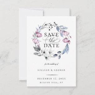 Dusty Blue Mauve Botanical Save the Date Aankondiging