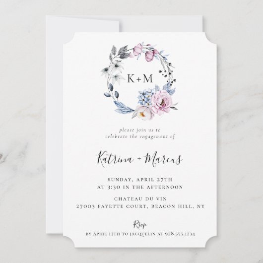 Dusty Blue Mauve Botanical Wreath Verloving Kaart (Voorkant)