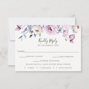 Dusty Blue Mauve Bruiloft RSVP Maaltijd Keuze Kaar Kaartje