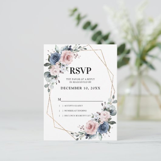 Dusty Blue Mauve Eucalyptus Geometrische RSVP Briefkaart (Staand voorkant)