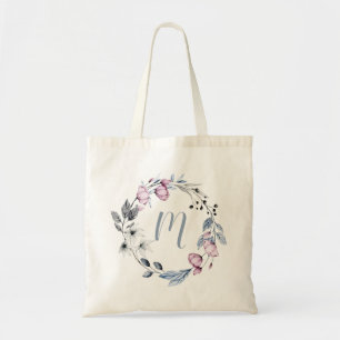 Dusty Blue Mauve Floral Wreator Monogram Tote Bag