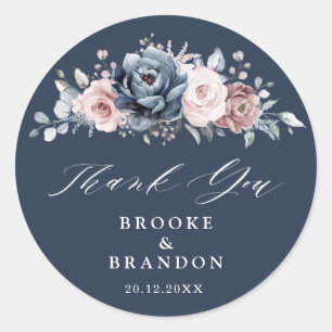 Dusty Blue Mauve Roos Pink Floral Hartelijk dank,  Ronde Sticker