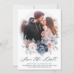Dusty Blue Mauve Roos Pink Floral Save the Date