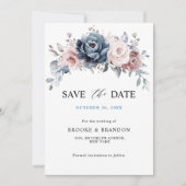Dusty Blue Mauve Roos Pink Floral Save the Date (Voorkant)