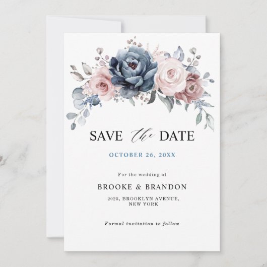 Dusty Blue Mauve Roos Pink Floral Save the Date (Voorkant)