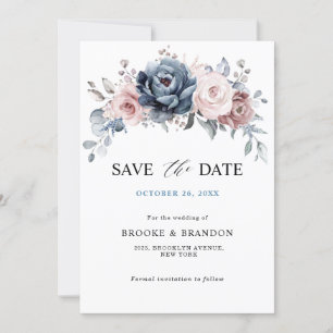 Dusty Blue Mauve Roos Pink Floral Save the Date