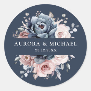 Dusty Blue Mauve Roos Pink Slate Floral Wedding C Ronde Sticker