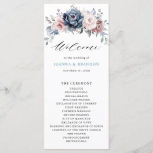 Dusty Blue Mauve Roos Pink Slate Floral Wedding Programma