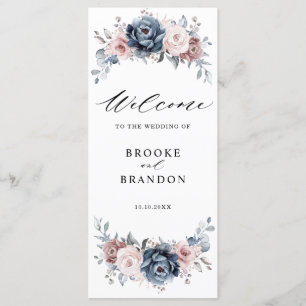 Dusty Blue Mauve Roos Pink Slate Floral Wedding Programma