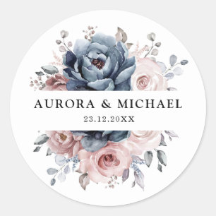 Dusty Blue Mauve Roos Pink Slate Floral Wedding Ronde Sticker