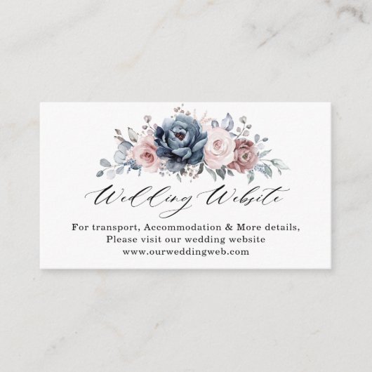 Dusty Blue Mauve Roos Pink Slate Wedding Website Informatiekaartje (Voorkant)