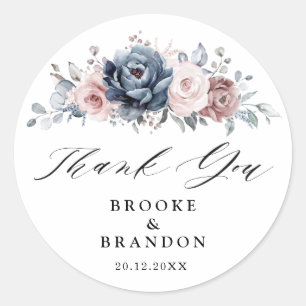 Dusty Blue Mauve Roos Roze Bloemen Dank u Ronde Sticker