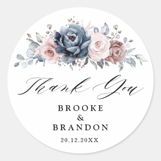 Dusty Blue Mauve Roos Roze Bloemen Dank u Ronde Sticker (Voorkant)