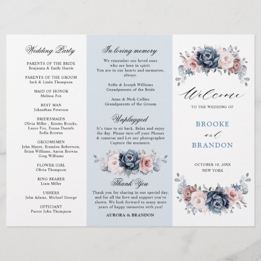 Dusty Blue Mauve Roos Wedding Tri-Fold Programme (Voorkant)