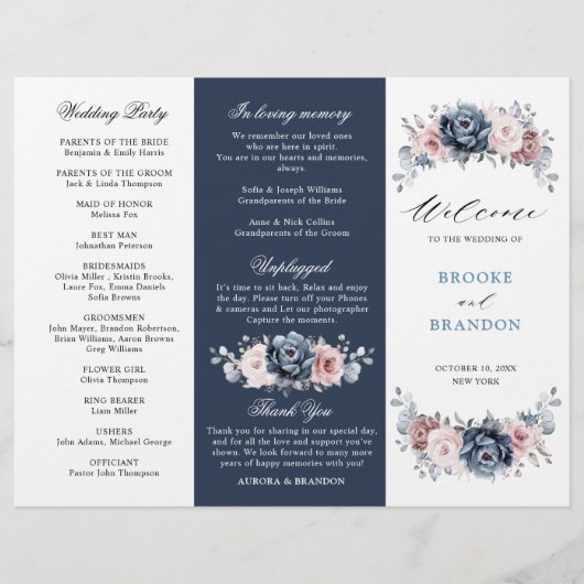 Dusty Blue Mauve Roos Wedding Tri-Fold Programme (Voorkant)
