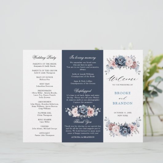 Dusty Blue Mauve Roos Wedding Tri-Fold Programme (Staand voorkant)