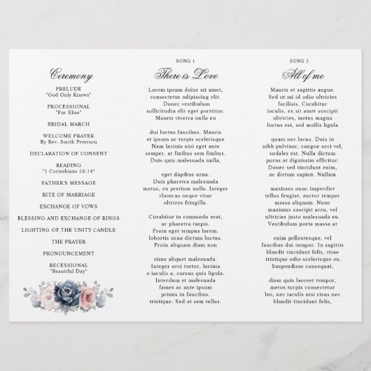 Dusty Blue Mauve Roos Wedding Tri-Fold Programme (Achterkant)