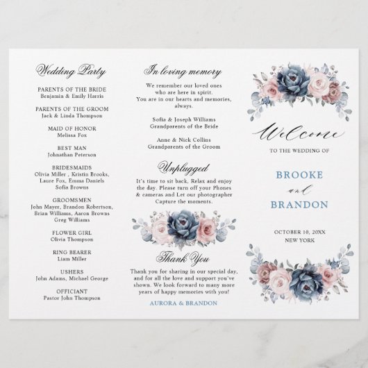 Dusty Blue Mauve Roos Wedding Tri-Fold Programme (Voorkant)