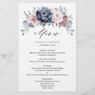 Dusty Blue Mauve Rose ardoise Floral Mariage Menu