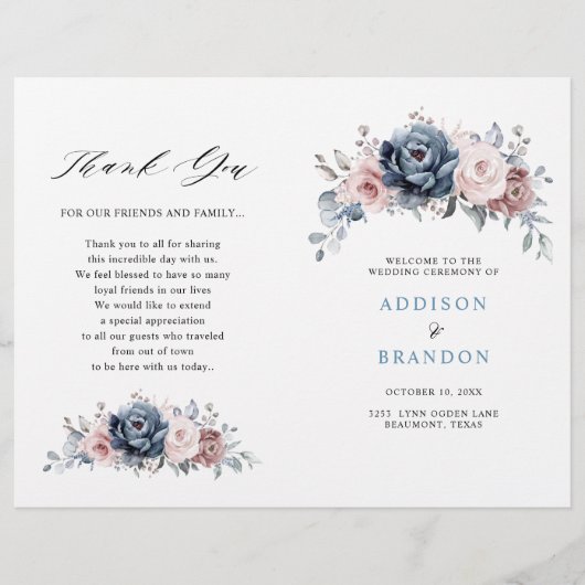 Dusty Blue Mauve Rose Pink Slate Mariage Programme (Devant)