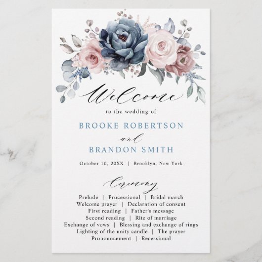 Dusty Blue Mauve Rose Pink Slate Wedding Programme (Devant)