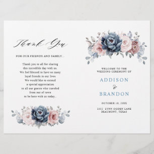 Dusty Blue Mauve Rose Pink Slate Wedding Programme