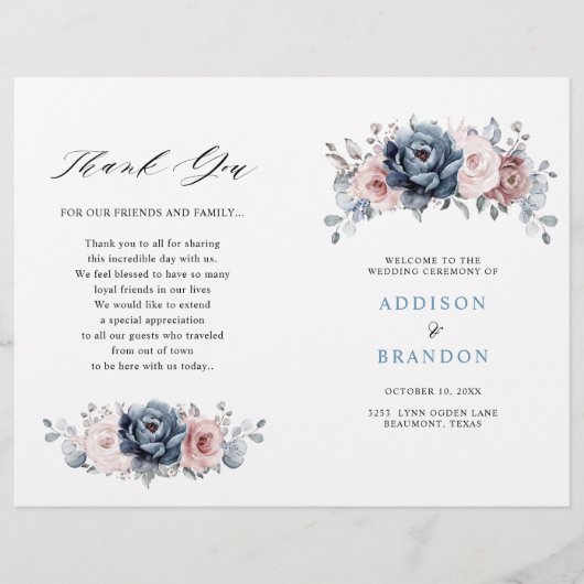 Dusty Blue Mauve Rose Pink Slate Wedding Programme (Devant)