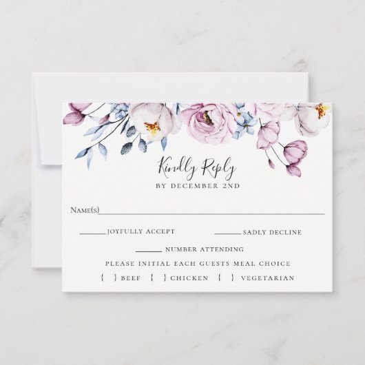 Dusty Blue Mauve Wedding RSVP Meal Choice Card (Devant)