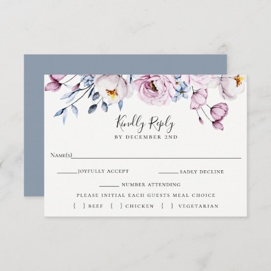 Dusty Blue Mauve Wedding RSVP Meal Choice Card (Devant / Derrière)