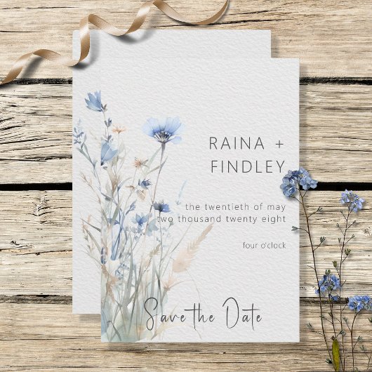 Dusty Blue Meadow Wildbloemen Moderne bruiloft Save The Date