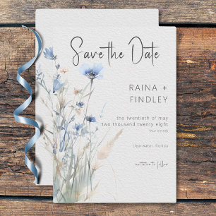 Dusty Blue Meadow Wildbloemen Moderne bruiloft Save The Date