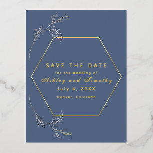 Dusty Blue met Gold Foil Save the Date Briefkaart
