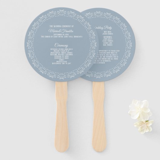 Dusty Blue met White mandala Wedding Program Fan Handwaaier (Voorkant en achterkant)