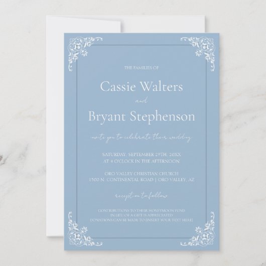 Dusty Blue Minimal Elegant Old Money Wedding Kaart (Voorkant)