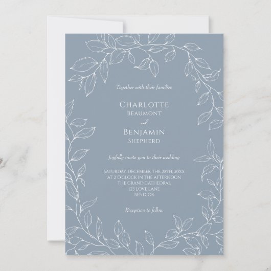Dusty Blue Minimal Leaf Mariage Photo Invitation (Devant)