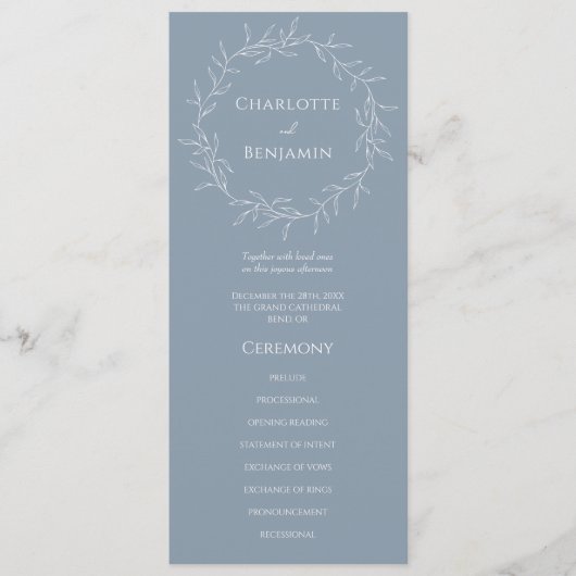 Dusty Blue Minimal Leaf Mariage Plat Programme (Devant)