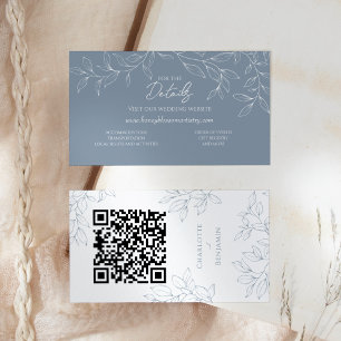Dusty Blue Minimal Leaf Wedding Website QR Code Informatiekaartje