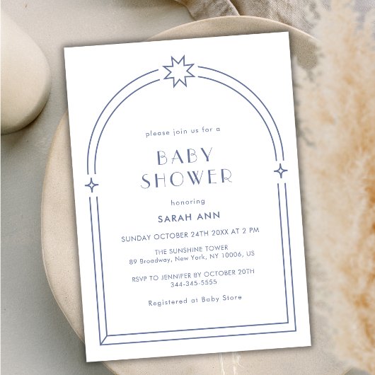 Dusty Blue Minimalist Boho Arch Baby shower Kaart